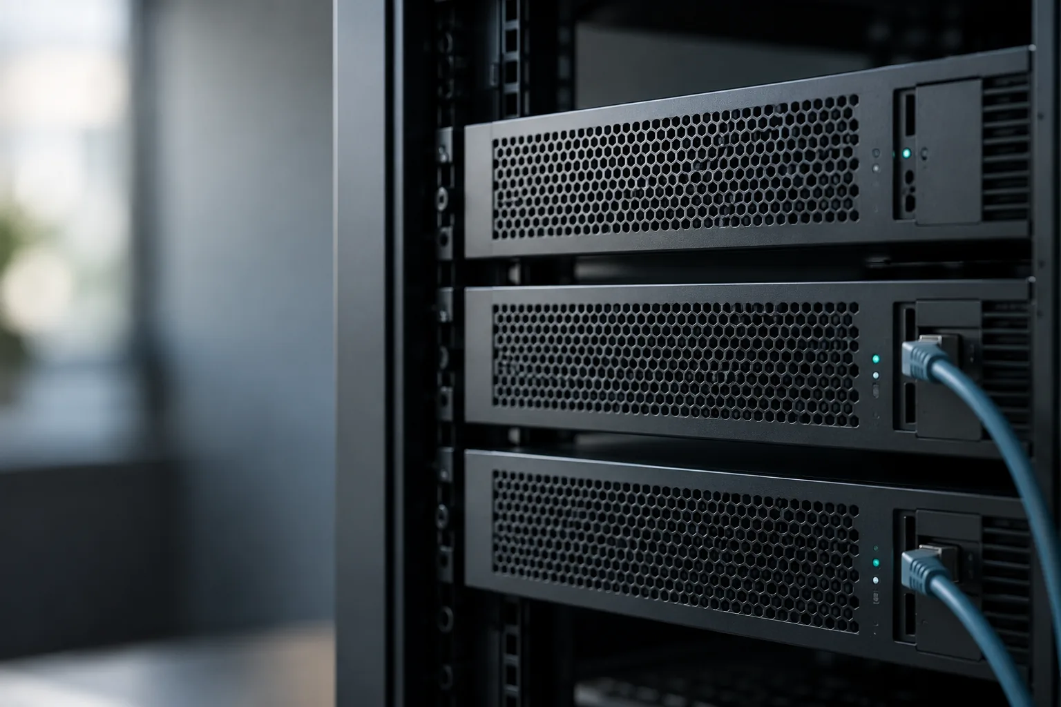 Close detail of server equipment and network connections