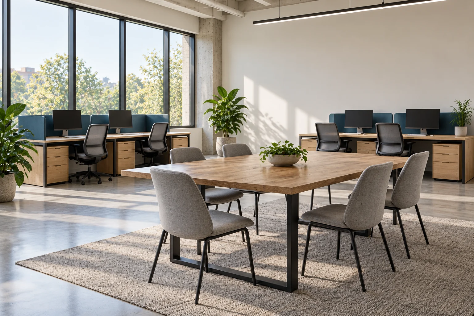 An illustrative collaborative workspace with shared desks and a meeting area
