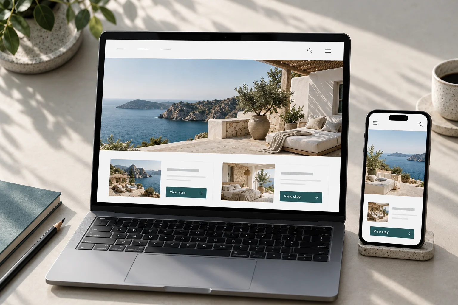Desktop and mobile mockups of a polished travel booking project
