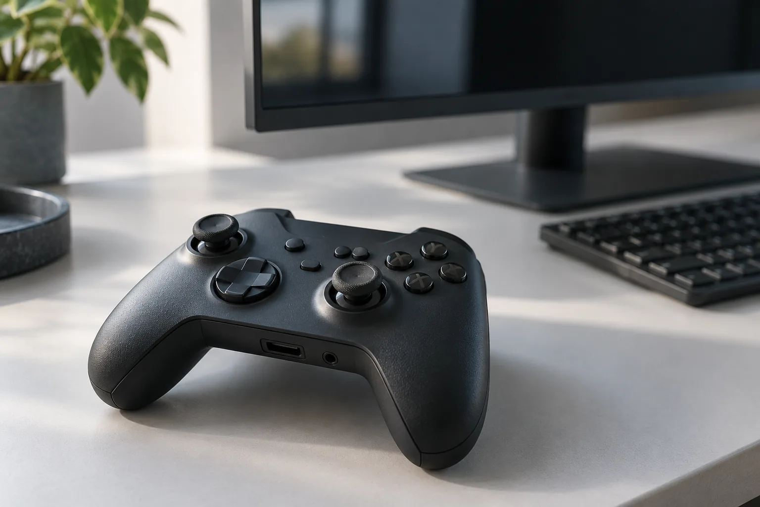 Graphite game controller beside a desktop setup
