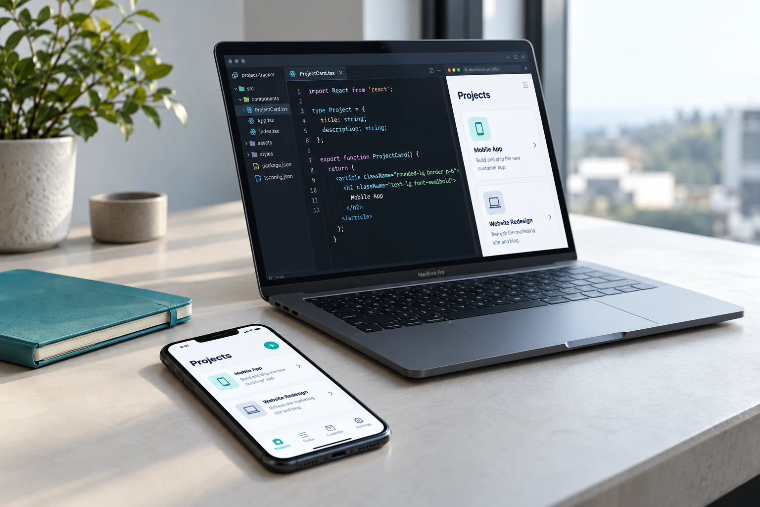 MacBook showing project code beside a phone with a mobile app